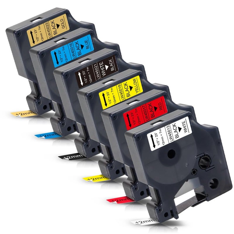 Labelwell 6-Pack Replacement For Dymo D1 Label Tape 45013 45016 45017 45018 45021 45023 Colorpop Refills For Labelmanager 160 280 210D 360D 420P 450D 450P 450Duo Pnp Label Maker, 1/2 Inch X 23 Ft - Image 1